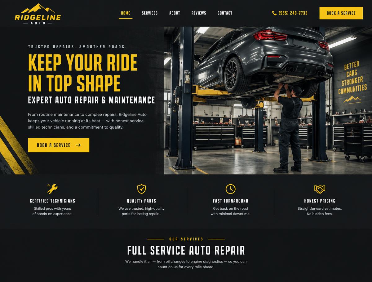 Sample homepage design for an auto repair garage in charcoal and yellow