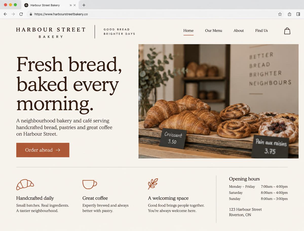 Sample homepage design for a bakery café with opening hours