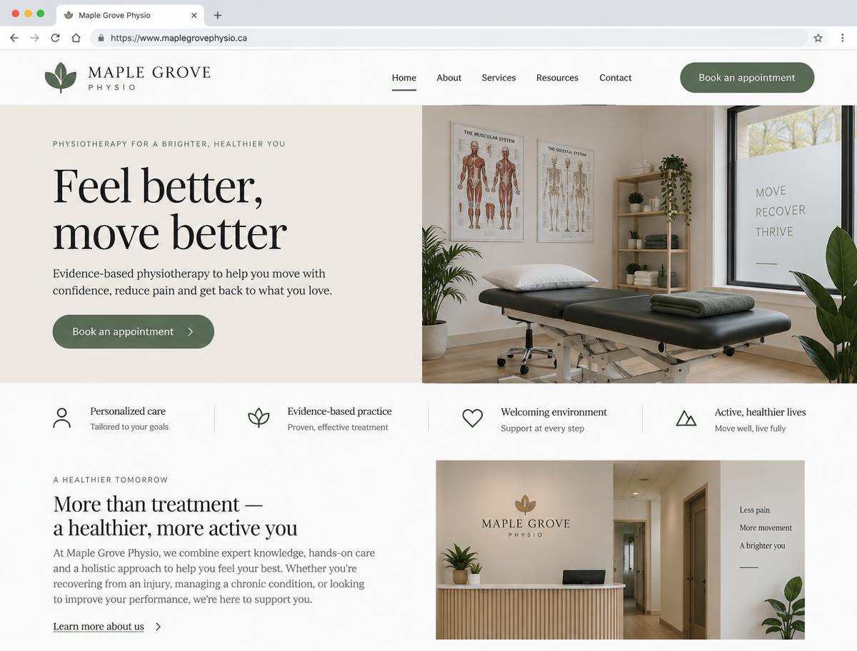 Sample homepage design for a physiotherapy clinic with an appointment button