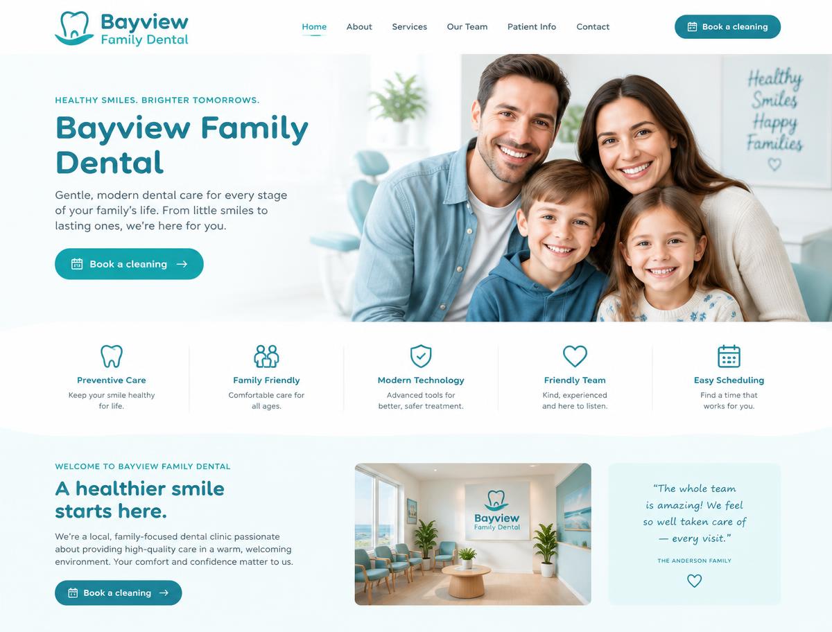 Sample homepage design for a family dental clinic in white and teal