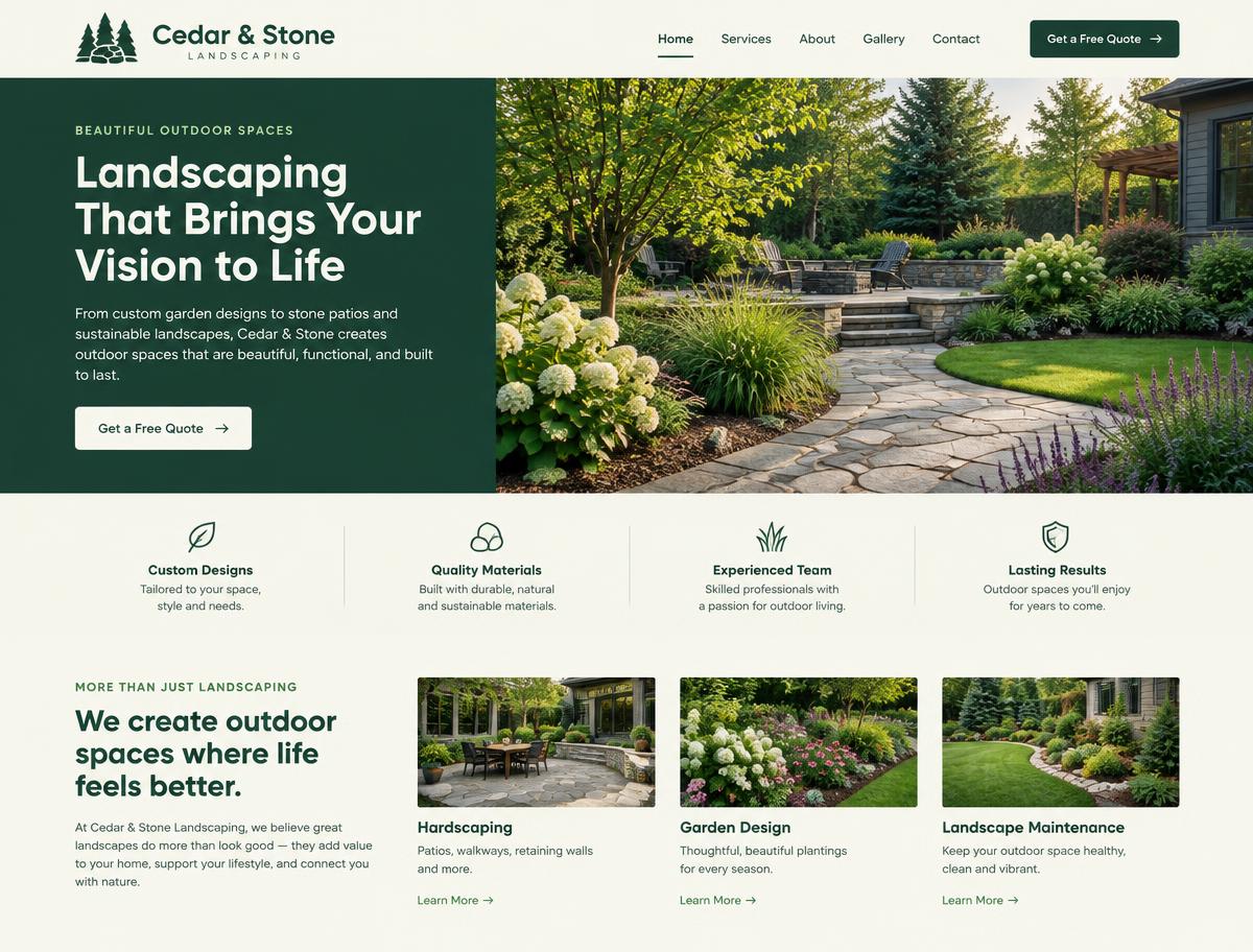 Sample homepage design for a landscaping company in forest green with a free quote button