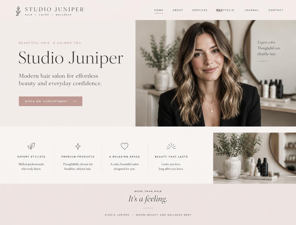 Sample homepage design for a hair salon in soft blush with a booking button