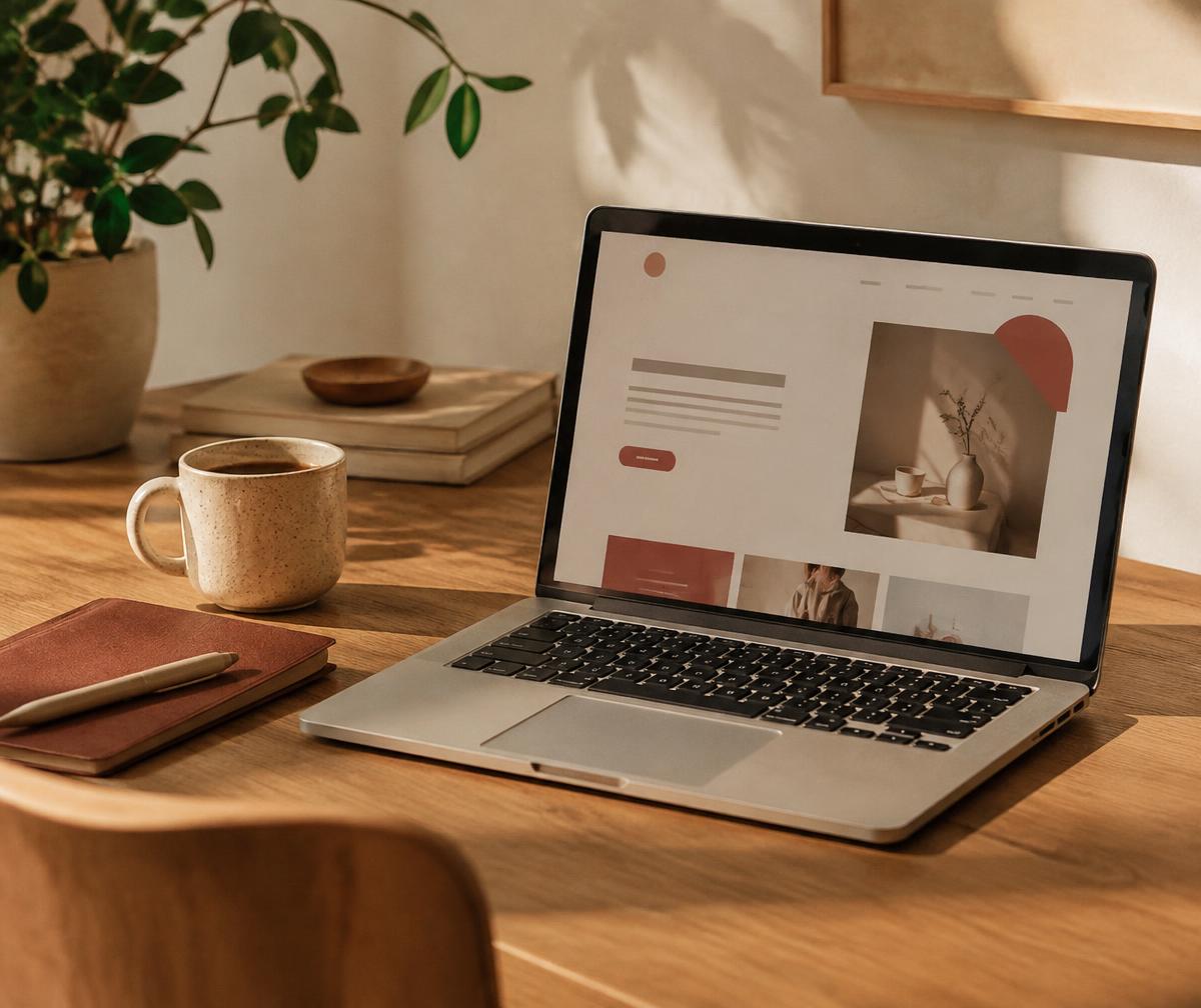 Laptop on a wooden desk showing a new small business website