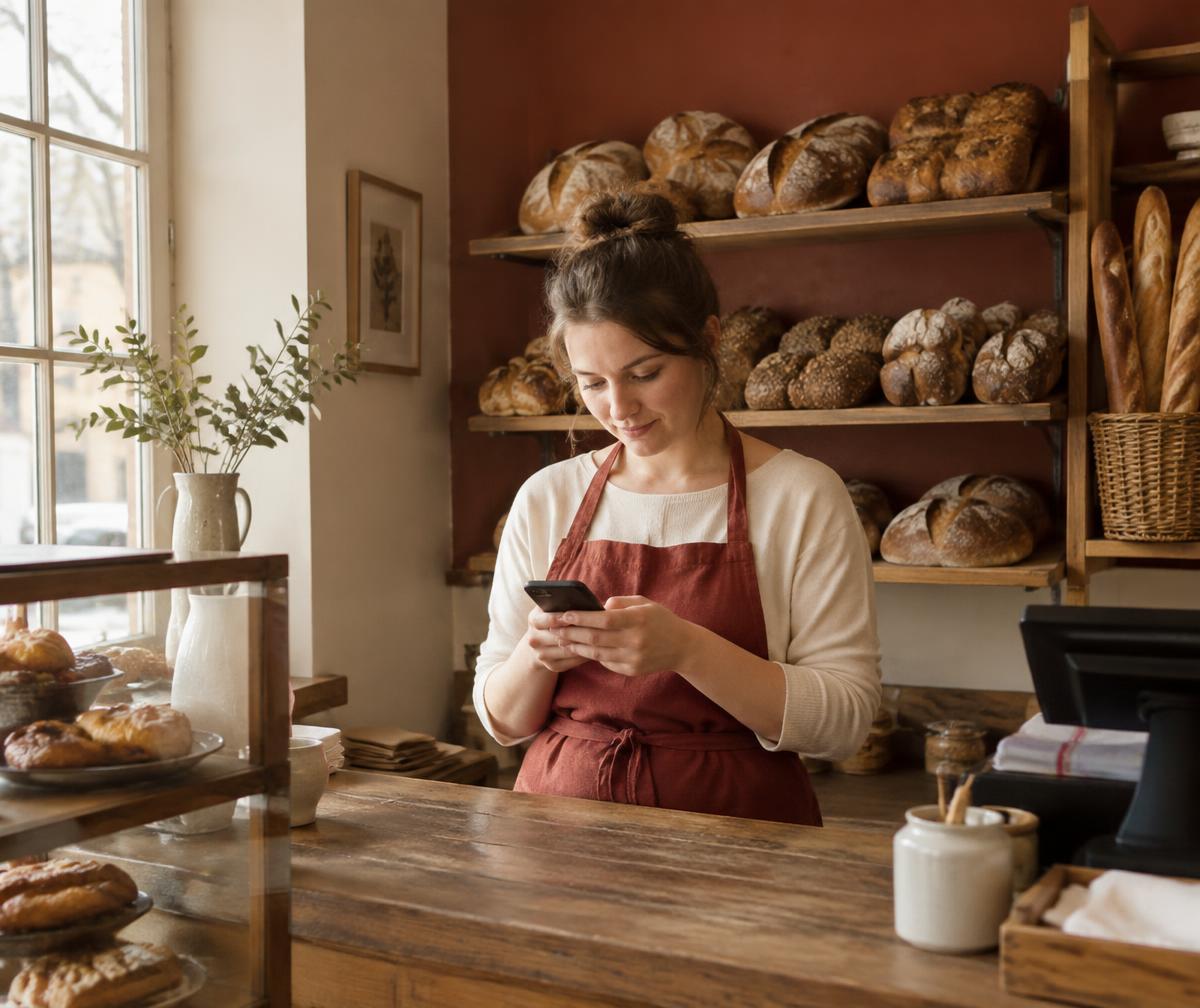 Bakery owner sending a message from her phone behind the counter